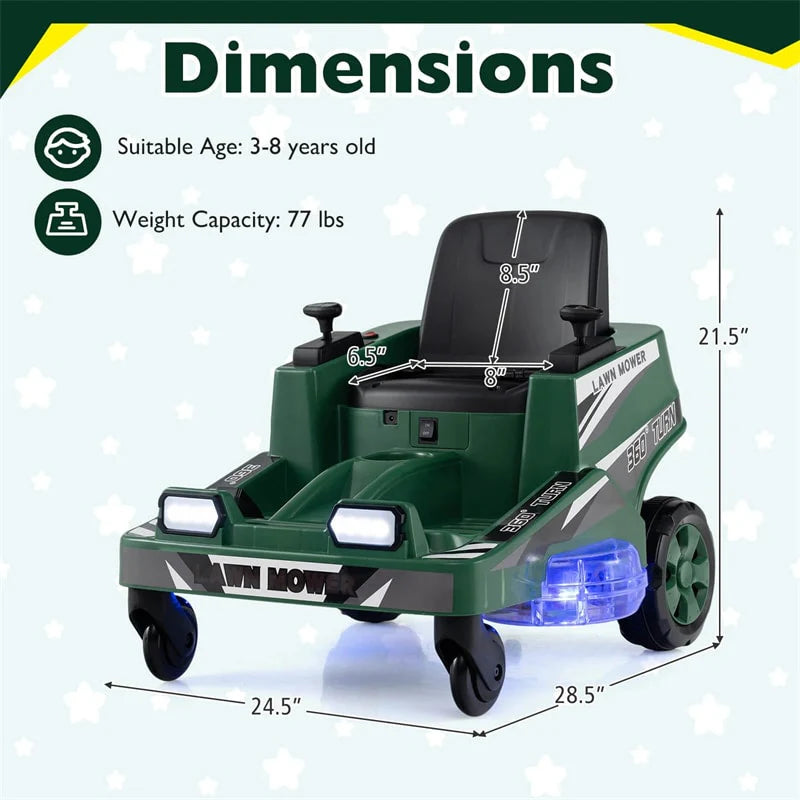12V Kids Ride-On Lawn Mower with 360�� Twist & Turn, Dual Control Sticks, LED Lights, Toddler Electric Car Toy for Boys & Girls Aged 3-8