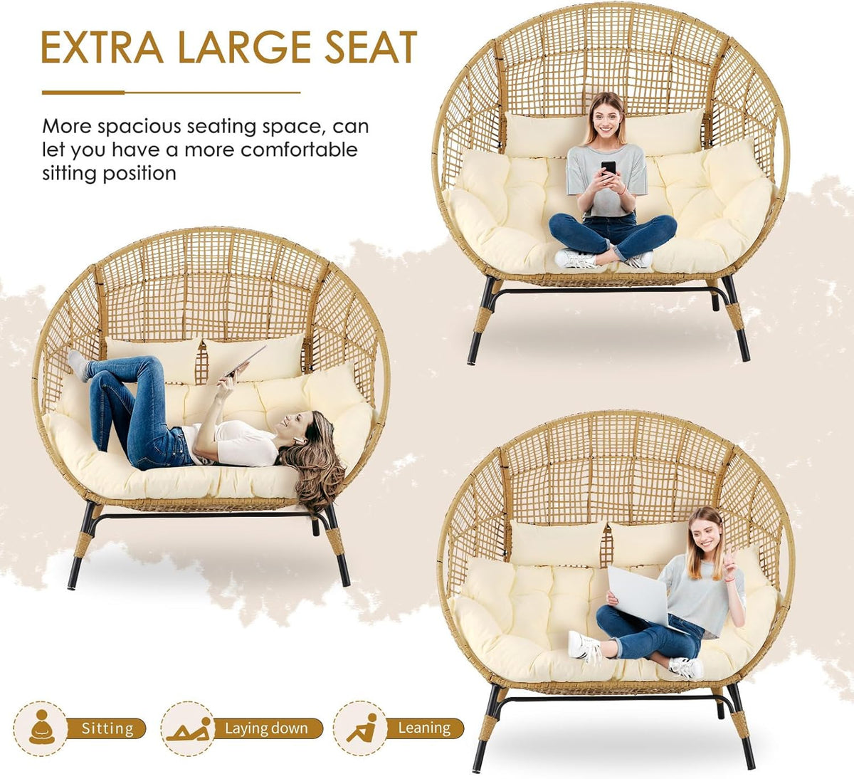 NICESOUL® Double Egg Chair Indoor Outdoor Stationary Oversized 6.5" Thick Padded Cushions 2 Person Egg Wicker Loveseat Chair 680 lbs Extra Large Lounge Chair for Patio Balcony Porch Backyard Beige