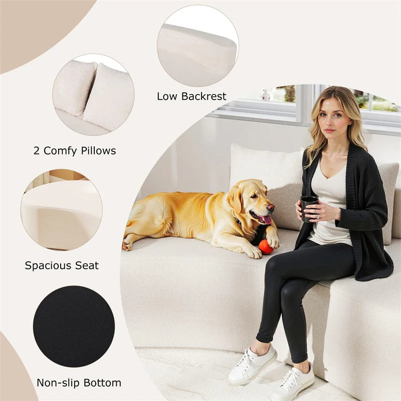 78.5" Upholstered Curved Sofa Couch w/ 2 Cozy Pillows, Low Backrest, Sponge Padded Seat, No Assembly Modern Floor Couch for Living Room Bedroom