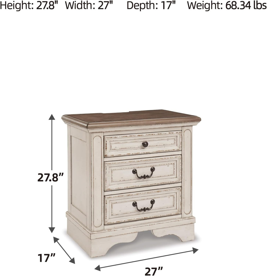 Signature Design by Ashley Realyn French Country 3 Drawer Nightstand with Electrical Outlets & USB Ports, 27.75" Tall, Chipped White