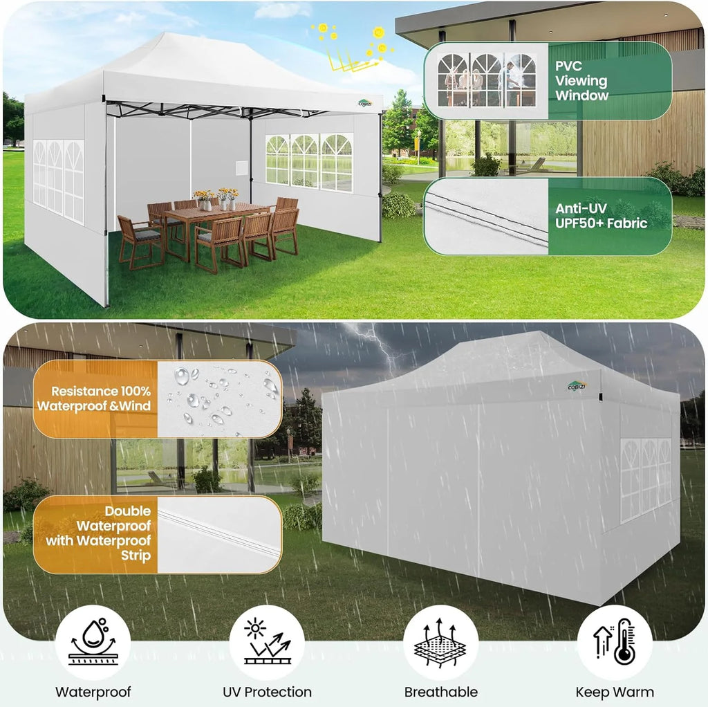 COBIZI 10x20 Heavy Duty Pop up Canopy Tent with 6 sidewalls Easy Up Commercial Outdoor Canopy Wedding Party Tents for Parties All Season Wind & Waterproof Gazebo with Roller Bag,Black(Frame Thickened)