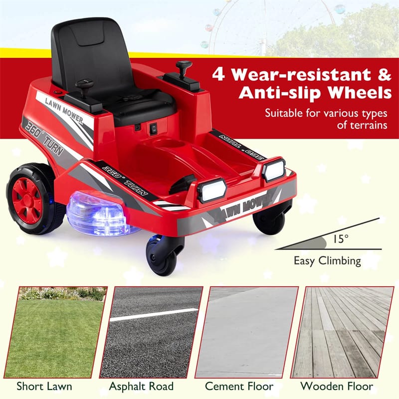 12V Kids Ride-On Lawn Mower with 360�� Twist & Turn, Dual Control Sticks, LED Lights, Toddler Electric Car Toy for Boys & Girls Aged 3-8