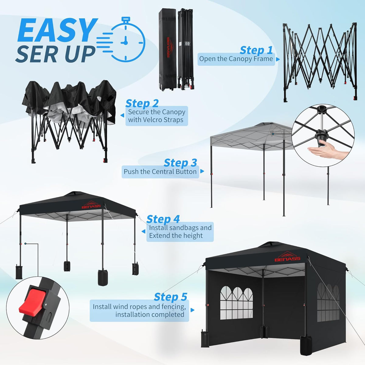 10x10 Pop Up Canopy with Sidewalls  Easy Up Canopy Tent  Heavy Duty Tents for Parties  One Person Set Up Event Tent  Black