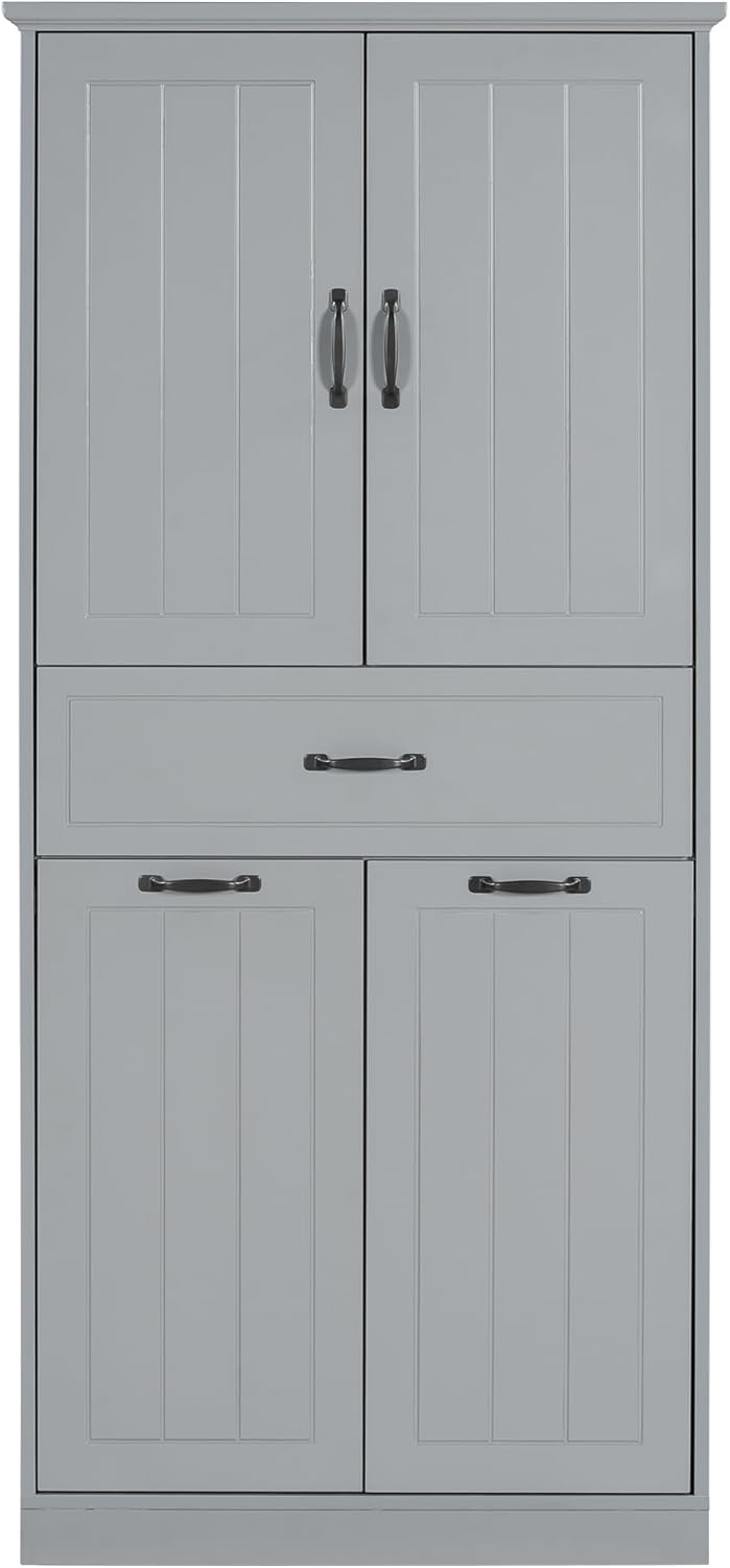 Christopher Knight Home 65.8" Tall Storage Cabinet, Modern Freestanding Large Cupboard with Drawer and Two Laundry Hampers, Bathroom Cabinet with Adjustable Shelf, Gray
