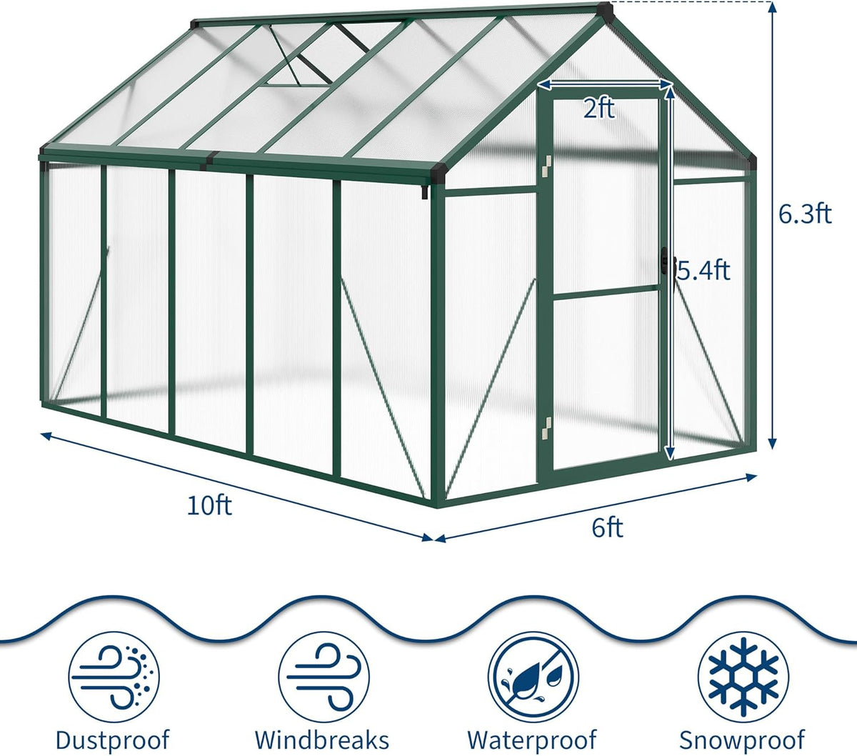 6 x 10 ft Greenhouse  Greenhouses for Outside  Polycarbonate Greenhouse with Aluminum Frame  Lockable Door and Ajustable Roof Vent for Backyard  Green Houses for Outside Garden Backyard  Patio