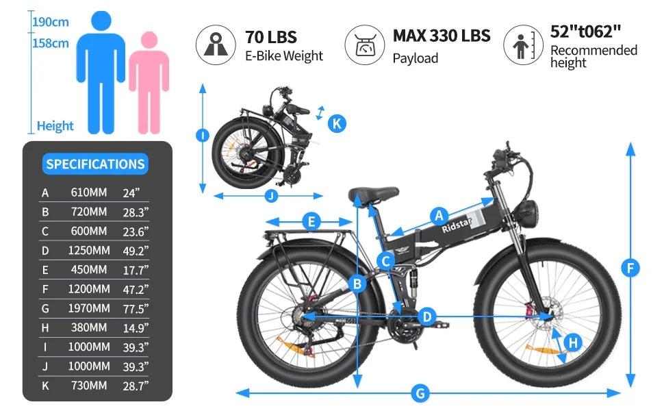 Eletric Bike for Adults, 750W Motor 48V 20Ah Removable Battery 26” Fat Tire Folding E-Bike Shimano 21-Speed MTB Cycling UL2849