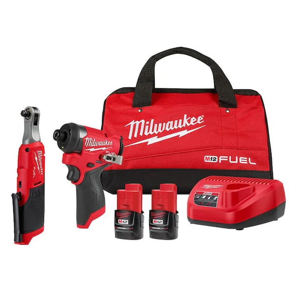 M12 FUEL 12V Lithium-Ion Cordless 3/8 in. Ratchet and 1/4 in. Impact Driver Kit (2-Tool) w/Batteries, Charger & Bag