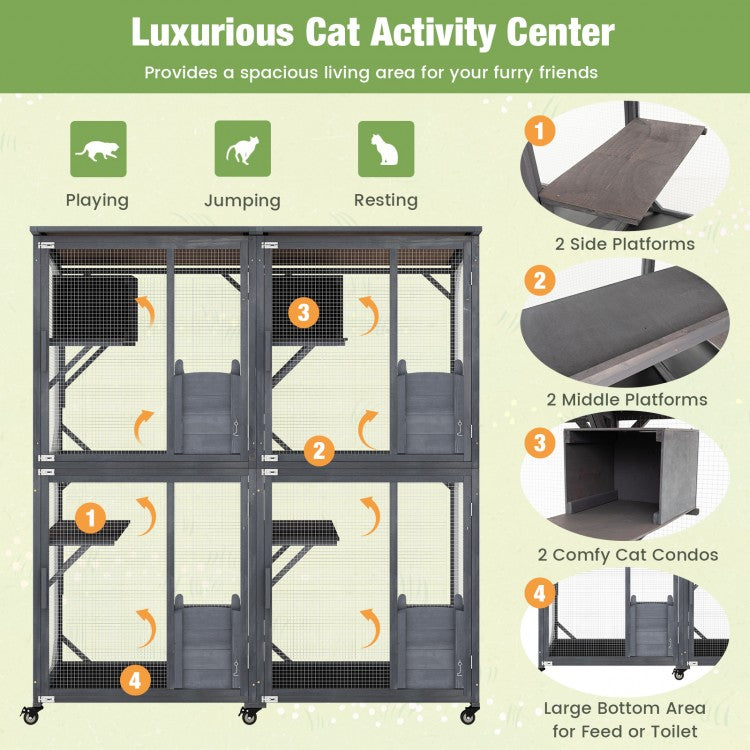 72 Inch Large Wooden Cat House Catio Kitten Enclosure on Wheels with Weatherproof Asphalt Roof