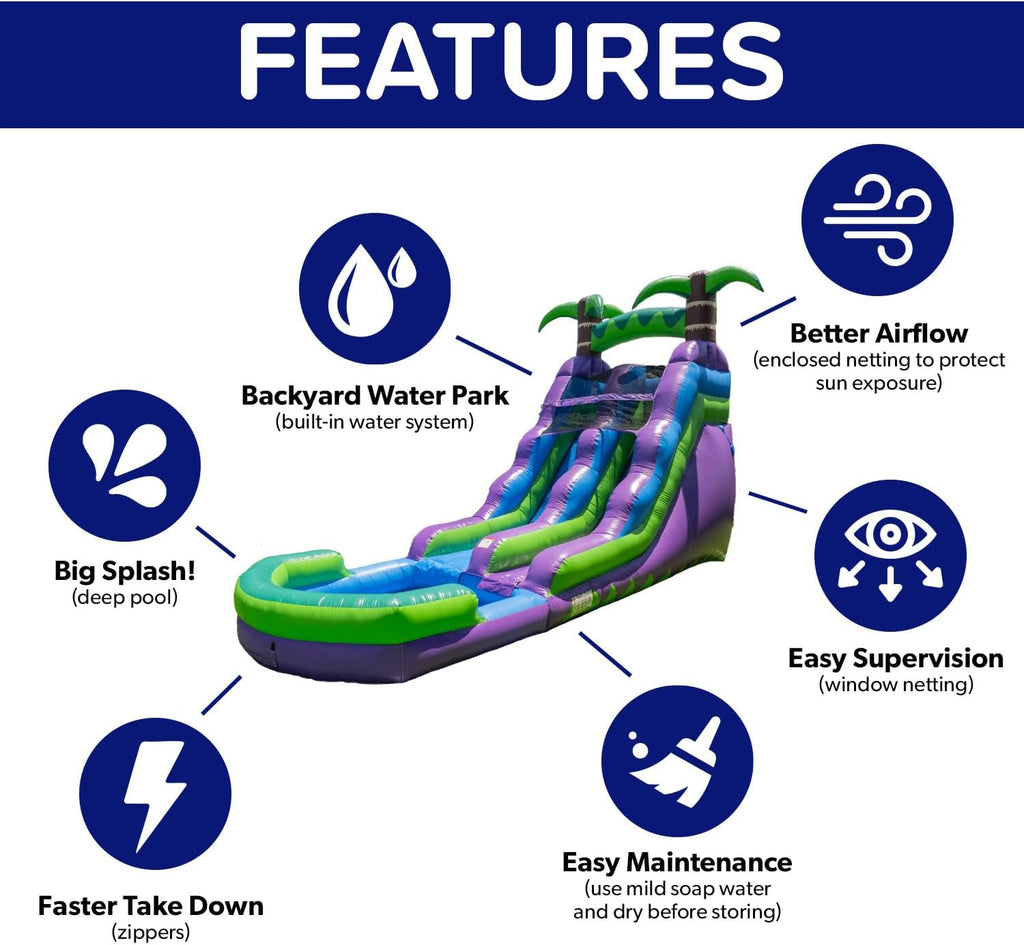 HeroKiddo 16�� Purple Tropical Lightweight Premium Commercial Grade Water Slide Inflatable with Attached Pool for Kids and Adults (with Blower), Wet Dry Use, Summer Fun