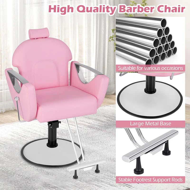 Reclining Barber Chair, 360�� Swivel Salon Chair with Heavy Duty Hydraulic Pump, Adjustable Height & Headrest for Hair Styling, Makeup, Tattoo