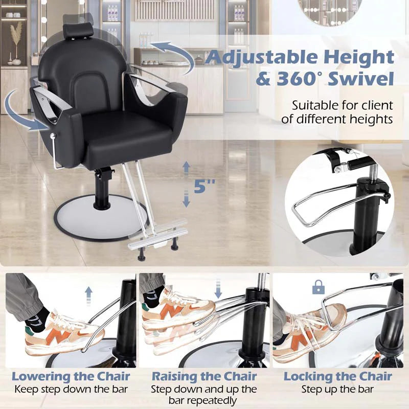 Reclining Barber Chair, 360�� Swivel Salon Chair with Heavy Duty Hydraulic Pump, Adjustable Height & Headrest for Hair Styling, Makeup, Tattoo