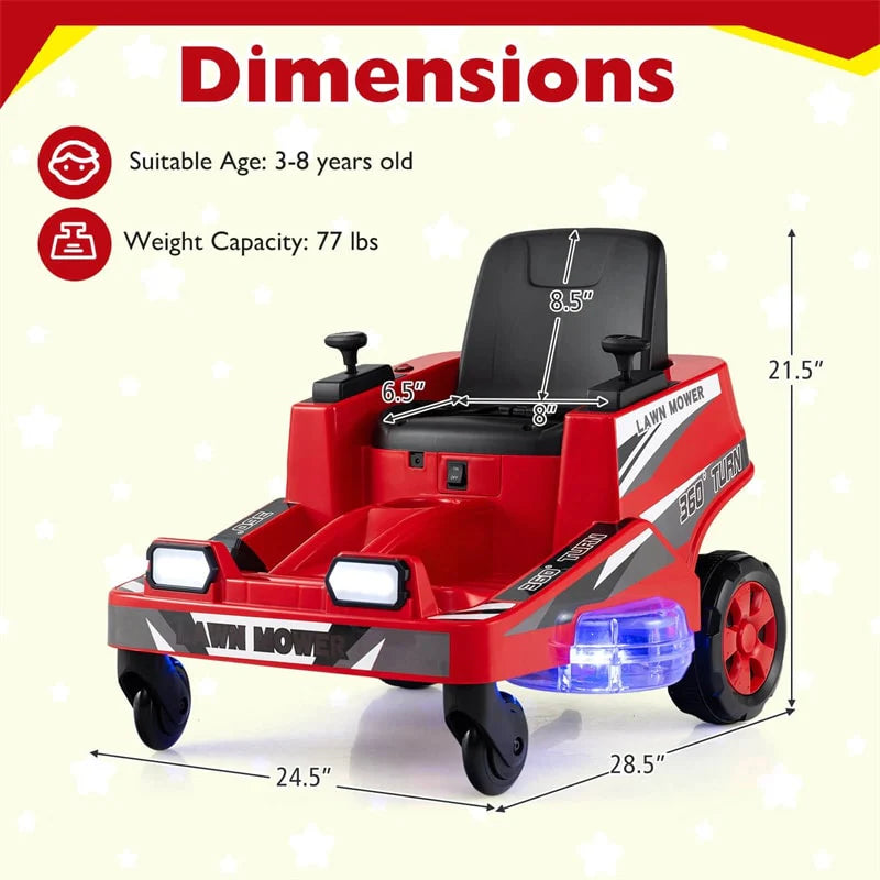 12V Kids Ride-On Lawn Mower with 360�� Twist & Turn, Dual Control Sticks, LED Lights, Toddler Electric Car Toy for Boys & Girls Aged 3-8