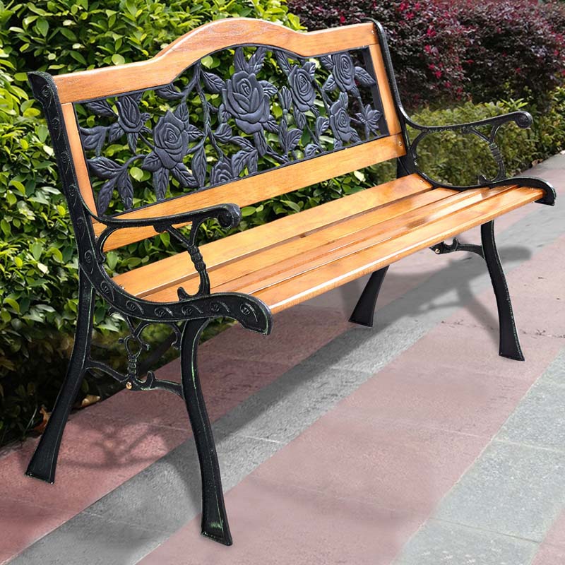 50" Garden Park Bench Cast Iron & Hardwood Weatherproof Outdoor Bench Patio Porch Loveseat Chair