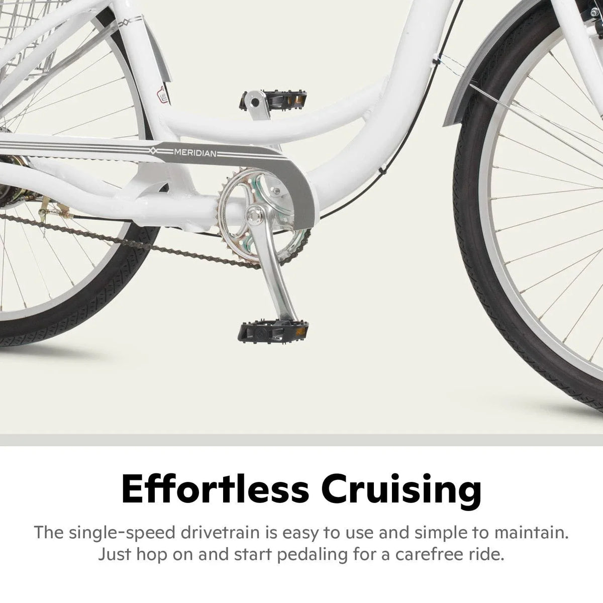 Schwinn Meridian Adult Tricycle Bike Mens and Womens Three Wheel Beach Cruiser 26-inch Wheels Low Step-Through Frame Wide Seat Rear Folding Basket Sin