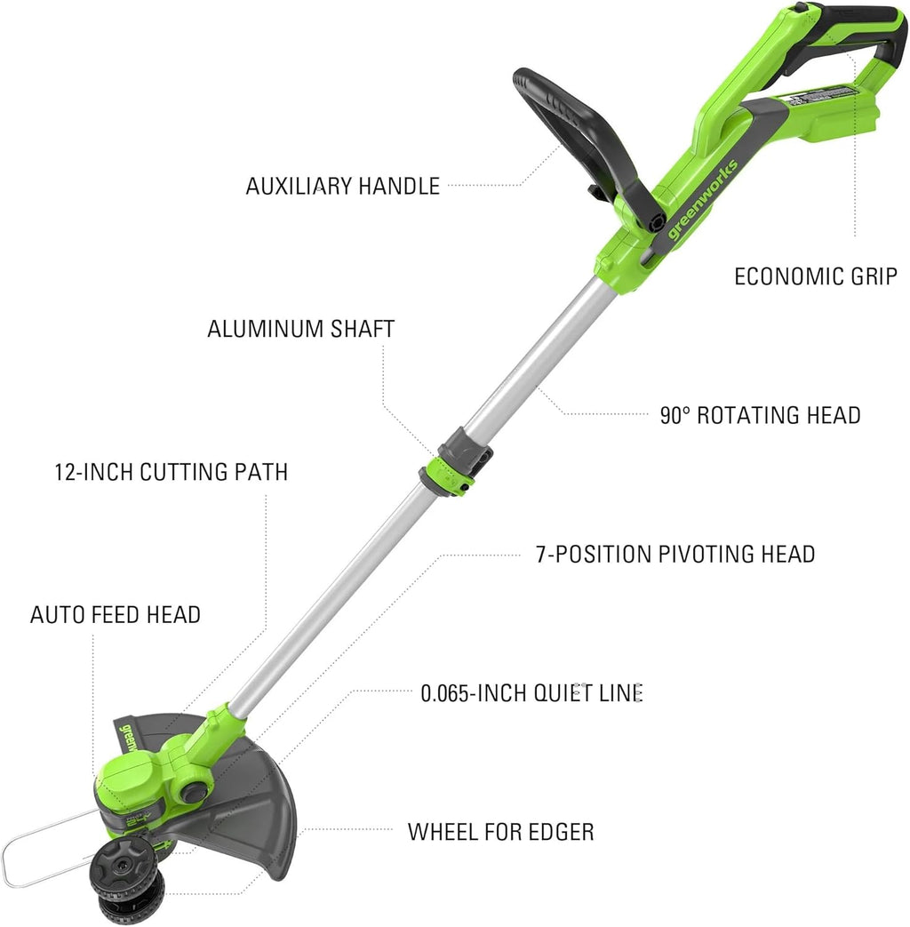 Greenworks 48V (24V x 2) 21" Cordless Battery Self-Propelled Lawn Mower w/Two (2) 5.0Ah USB Batteries & Charger 24V 12" Cordless Battery String Trimmer/Edger (Tool Only) Kit