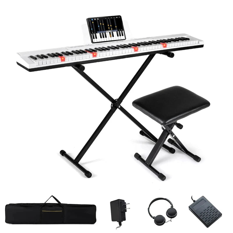 88 Key Electric Piano Keyboard Set with Adjustable Stand & Stool, Lighted Full Size Sensitive Keys, Sustain Pedal, Portable Bag for Beginners