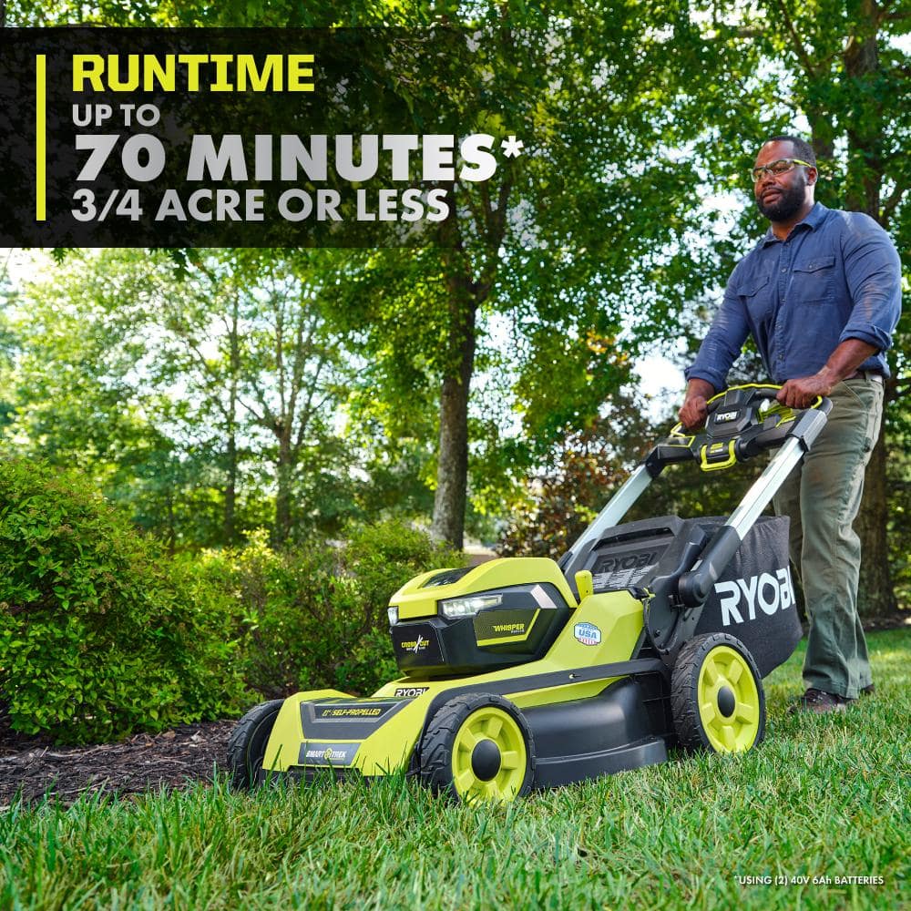 Ryobi 40V HP Brushless 21-in Self-Propelled AWD Lawn Mower �C Whisper Series �C Includes (2) 6.0Ah Batteries and Charger