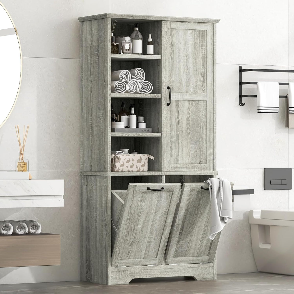 SOFTSEA 68" Double Tilt Out Laundry Hamper Cabinet, Tall Hidden Laundry Basket Cabinet with 3 Doors & Adjustable Shelf, Freestanding Bathroom Storage Cabinet for Laundry Room Kitchen, Wash Oak