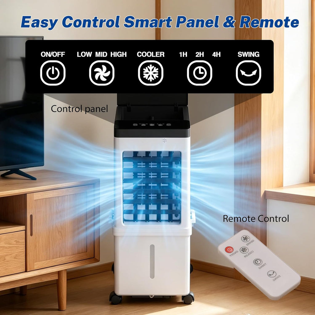 3-IN-1 Portable Evaporative Air Cooler, Remote Control Air Conditioner Fan with 15L Tank, 3 Speeds, 7.5H Timer, 120° Oscillation, Low Energy Cooling Fan for Home Bedroom Office