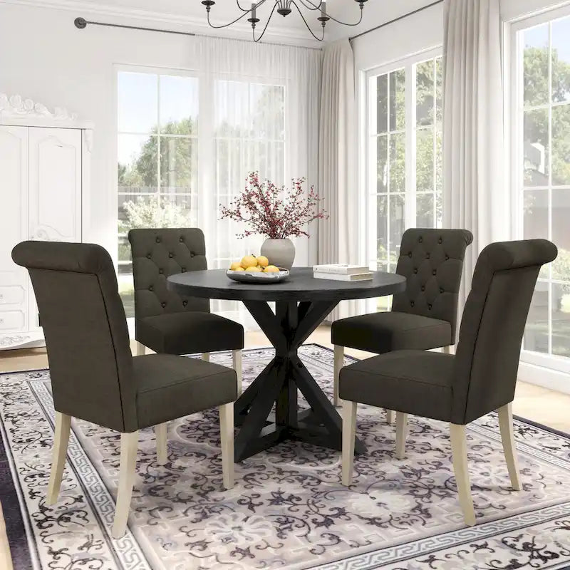 5 Piece Dining Table Set, Wooden Kitchen Furniture Set, Round Table with Cross-Buck Pedestal Base and 4 Tufted Chairs
