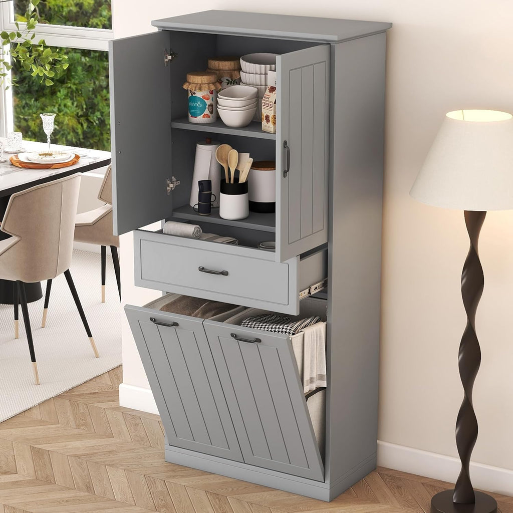 Christopher Knight Home 65.8" Tall Storage Cabinet, Modern Freestanding Large Cupboard with Drawer and Two Laundry Hampers, Bathroom Cabinet with Adjustable Shelf, Gray