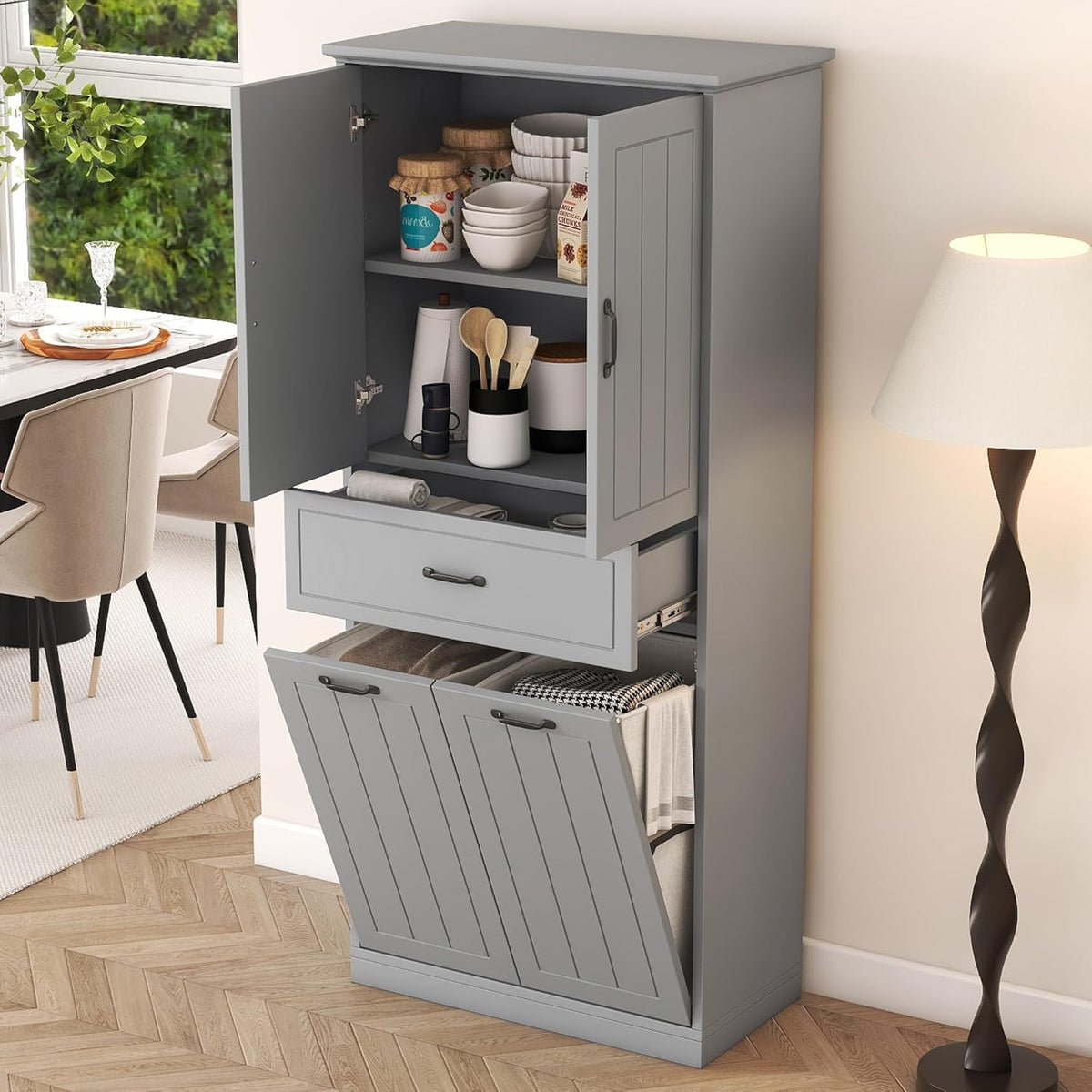 Christopher Knight Home 65.8" Tall Storage Cabinet, Modern Freestanding Large Cupboard with Drawer and Two Laundry Hampers, Bathroom Cabinet with Adjustable Shelf, Gray