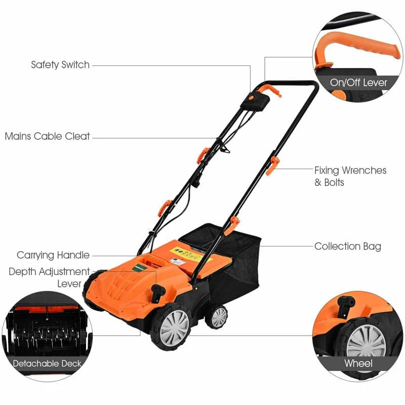 2-in-1 Electric Lawn Dethatcher & Scarifier, 12 Amp 13" Corded Grass Dethatcher with 40L Collection Bag