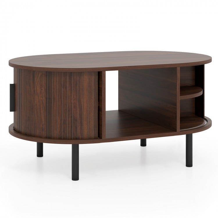 Oval Coffee Table with Open Compartment and Sector Shelves