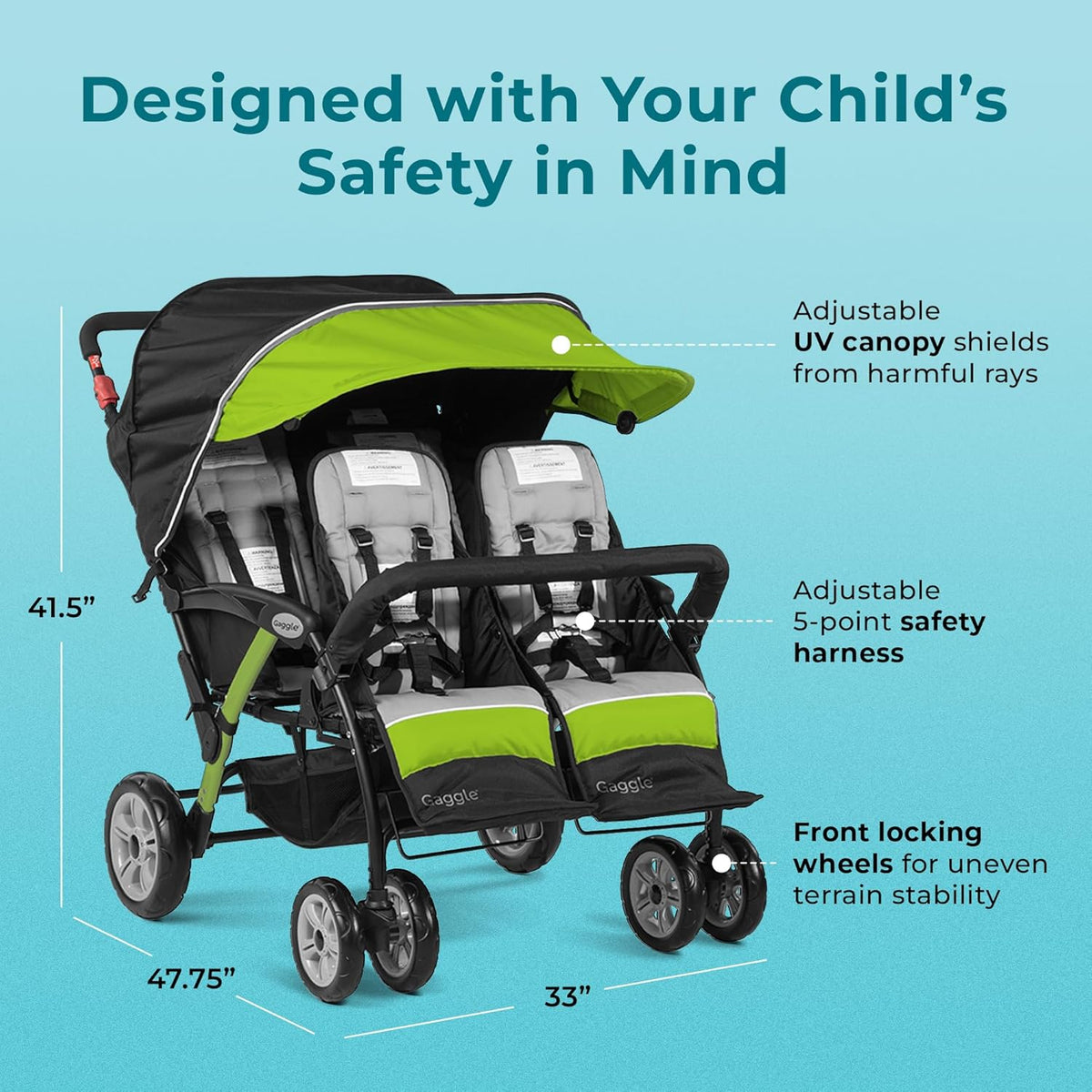 Compass Quad 4 Seat Stroller | 4-Seat Stroller for Daycare | Oversized UV Blocking Canopy | 5-Point Harness | Easy Loading | Storage Bucket | Teal