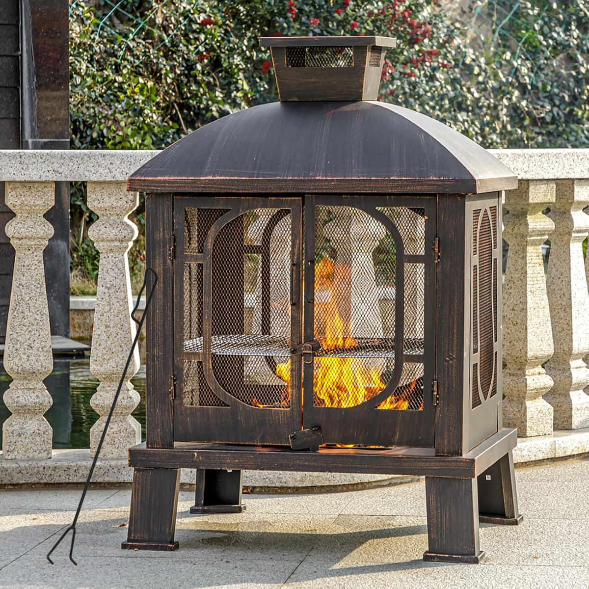 Panovue 45" H��31''W Metal Chiminea Fire Pit with Grill, Wood Burning Fire Pits for Outside,Square Chimineas Fireplace with Mesh Spark Screen Door& Fire Poker for Garden,Yard,BBQ,Bonfire (Black&Gold)