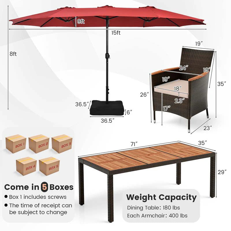 10Pcs Patio Rattan Dining Set with 15FT Double-Sided Umbrella, Heavy Duty Acacia Wood Table & Stackable Wicker Chairs