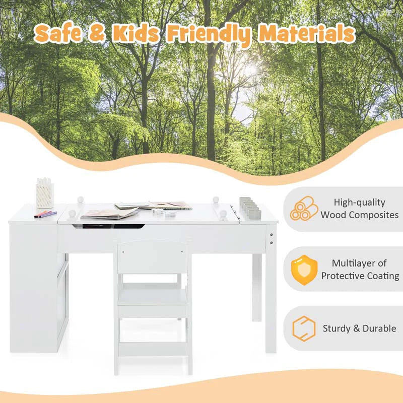 2-in-1 Kids Art Table Chair Set for Drawing Writing, Toddler Craft Play Wood Activity Desk w/2 Chairs Paper Roll Storage Canvas Bins