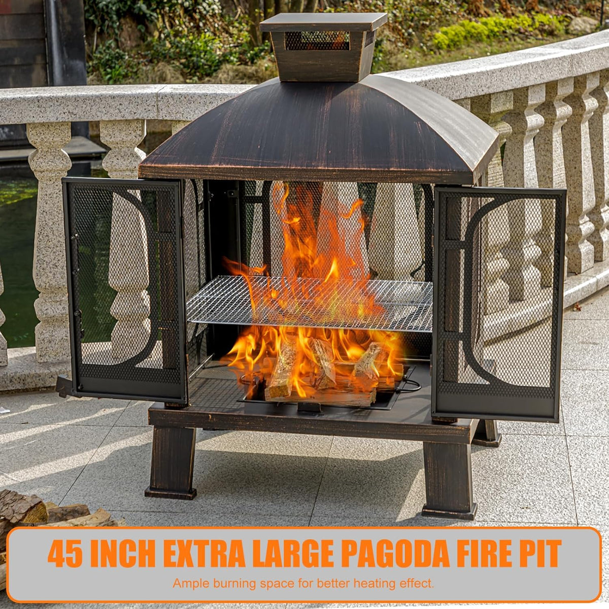 Panovue 45" H��31''W Metal Chiminea Fire Pit with Grill, Wood Burning Fire Pits for Outside,Square Chimineas Fireplace with Mesh Spark Screen Door& Fire Poker for Garden,Yard,BBQ,Bonfire (Black&Gold)