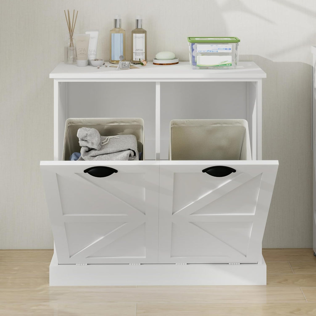 Tilt Out Laundry Sorter Cabinet with 2 Removable Liner Bags,Divided Laundry Hamper Cabinet with Semi-Circular Metal Handle and Barn Door for Space Saving (Style-01)
