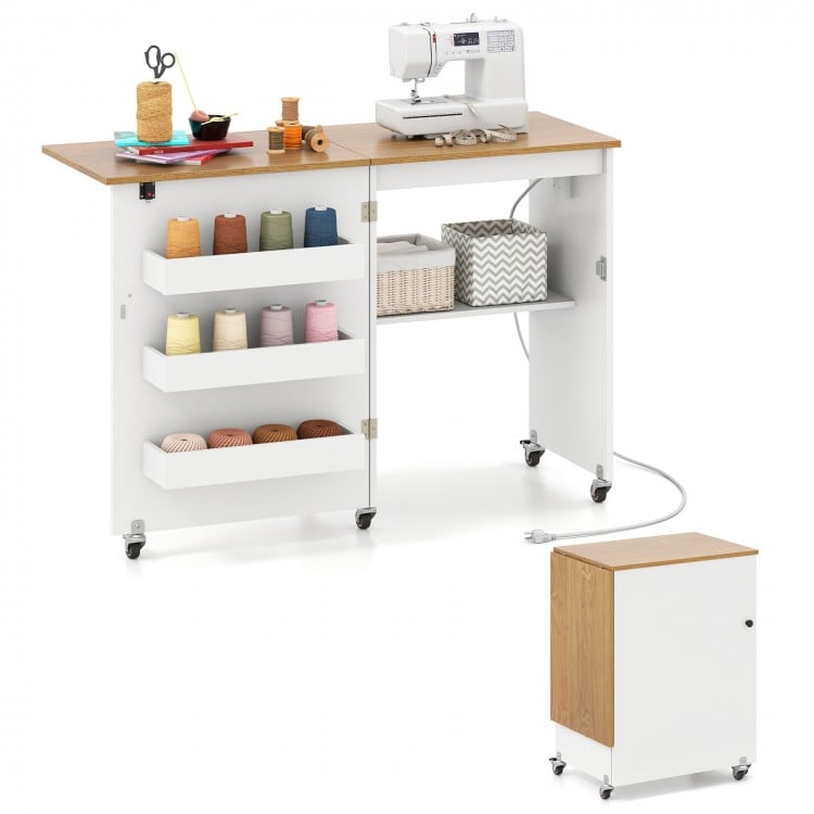 Sewing Machine Table with Charging Station and Lockable Casters