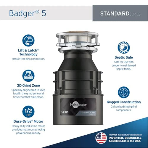 InSinkErator Badger 5 Garbage Disposal, 1/2 HP Continuous Feed, Compact Design, Quick Lock Installation