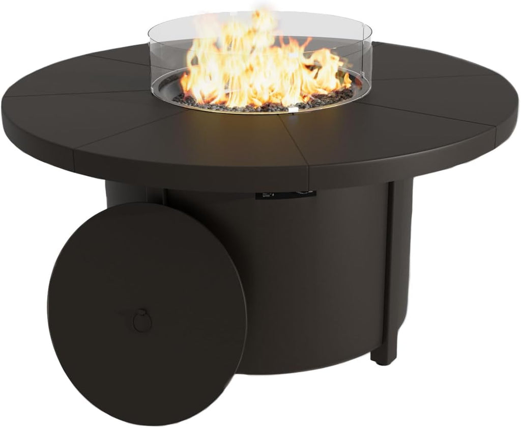 48" Round Propane Fire Pit,Steel Tabletop Fire Pit w Lava Rocks,55000 BTU Auto-Ignition CSA Certified Gas Fire Pits with Lid & Windproof Glass for Outdoor,Patio,Backyard