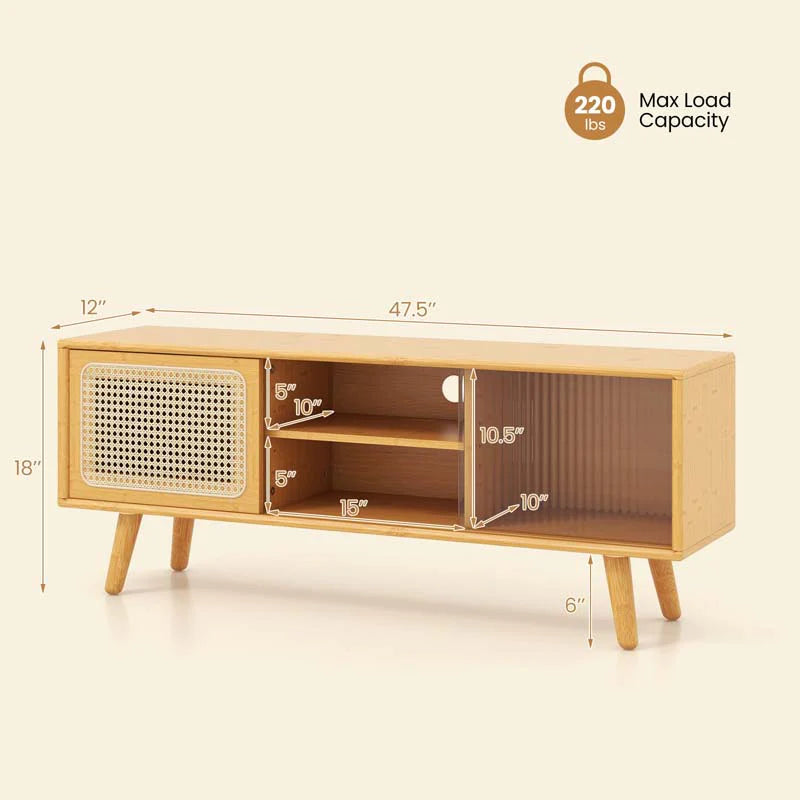 Mid Century Modern TV Stand for TVs up to 55", Bamboo Entertainment Center Media Console with Rattan & Glass Sliding Doors, Adjustable Shelf