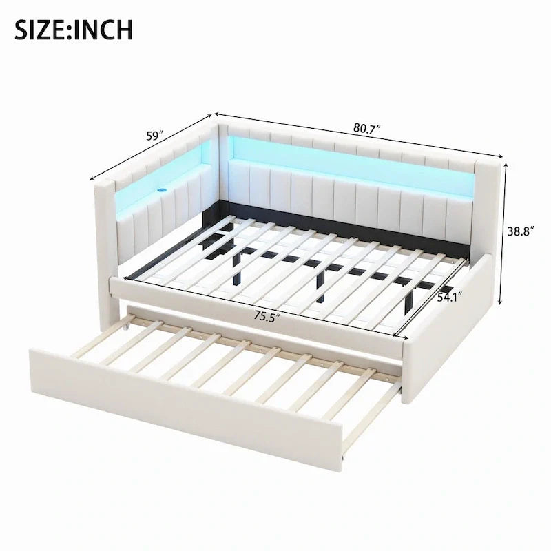Upholstered Platform Bed with USB Ports & LED Lighting - Full/Twin Size Bed Frame with 2 Storage Drawers - Modern Bedroom