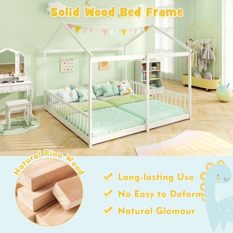 Double Floor Bed for Twins House Beds with Safety Guardrails for 2 Kids