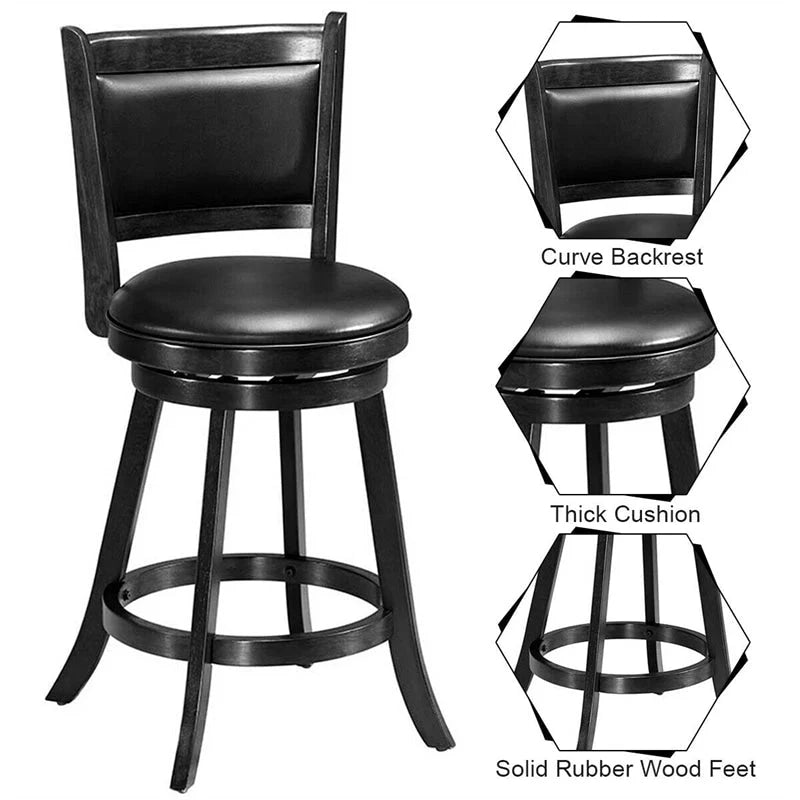 2-Pack 24" Wooden Counter Stools, 360° Swivel Bar Stools with Backs, Counter Height Stool, Upholstered Bar Chairs Dining Chairs