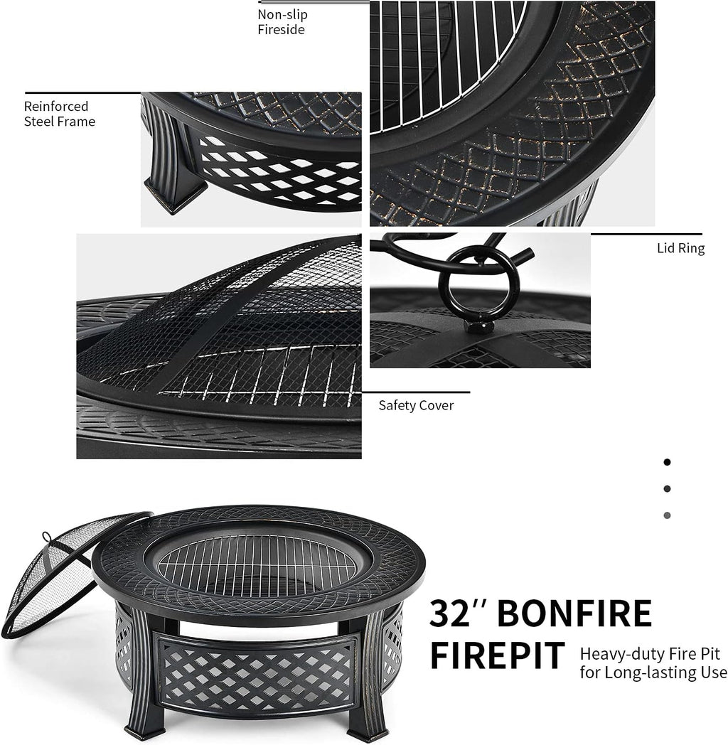 Giantex 3 in 1 Fire Pit, 32" Outdoor Wood Burning Fire Pit, Multifunctional Round Firepit Stove, Metal Fire Bowl with Cover, Portable Fire Pits for Outside Heating, Bonfire, Picnic, Grill