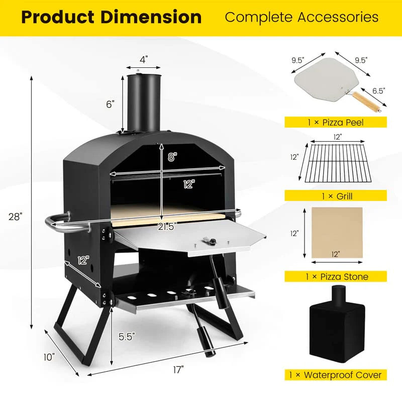2-Layer Outdoor Pizza Oven Wood Fired for Camping BBQ, Stainless Steel Portable Grill Pizza Maker with Folding Legs