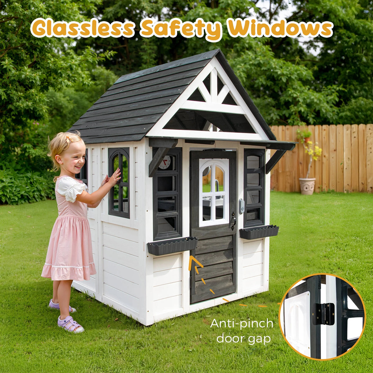 COCLUB Outdoor Playhouse for Kids Ages 4-8, Wooden Play House with Doorbell, Phone, Kitchen Toys, Outdoor Kids Play Equipment, Casa Para Niñas (45”L x 65”H), White & Black
