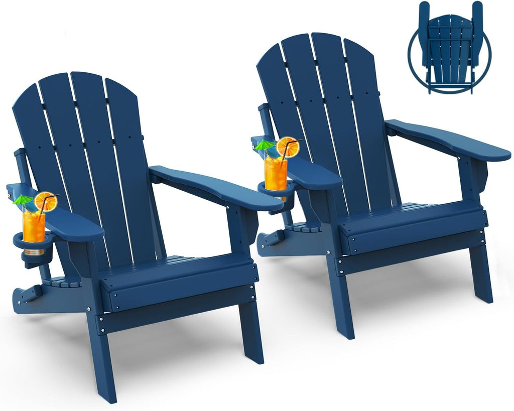 GREENVINES Folding-Adirondack-Chairs-Set-of-2 | HDPE Plastic | Fire Pit Chair | All Weather | Cup Holder | Blue | for Deck Backyard Patio Outdoor Garden