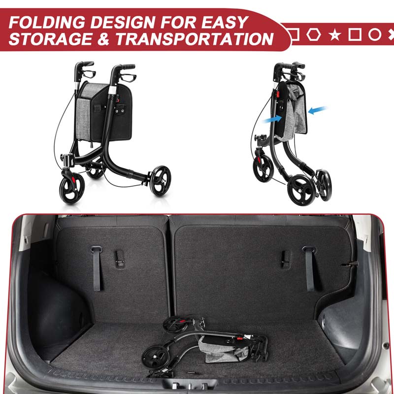 3-Wheel Folding Rollator Walker with Shopping Bag, Lightweight Aluminum Mobility Walking Aid