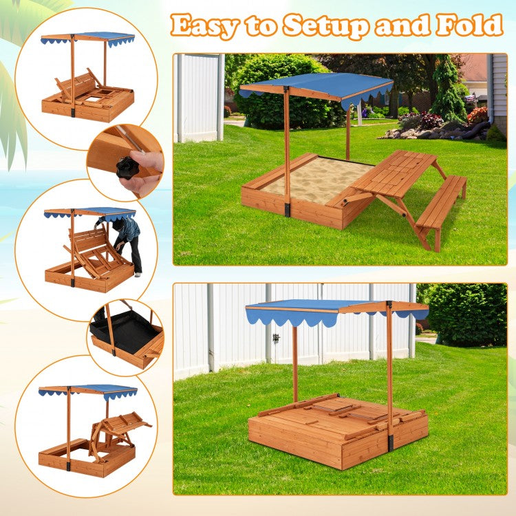 Kids Wooden Sand Box with Foldable Picnic Sensory Table and Bench