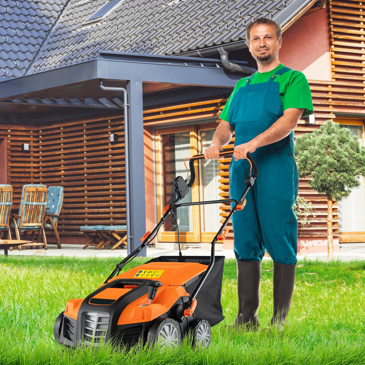 2-in-1 Scarifier and Lawn Dethatcher, 16-Inch 15A Corded Electric Dethatcher w/ 14.5-Gal Collection Bag