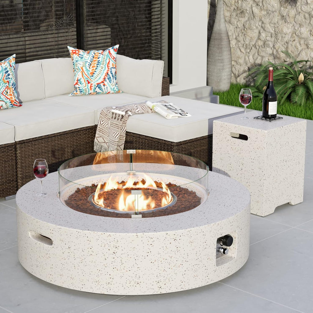 COSIEST 2-Piece Outdoor Propane Firepit Table Set w Tank Table, 42 inch Dark Fire Table Certified, 50,000 BTU w Beige Round Base,Wind Guard and 16 inches Tank Side Table 20lb for Garden,Pool