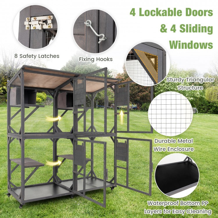 72 Inch Large Wooden Cat House Catio Kitten Enclosure on Wheels with Weatherproof Asphalt Roof
